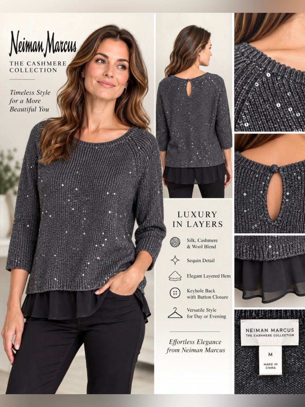Neiman Marcus The Cashmere Collection Sequin Silk Cashmere Layered Sweater Top M